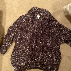 Chicos Sweater Size 2 Chunky Knit Navy Caramel Fringe Metallic Sweater Large